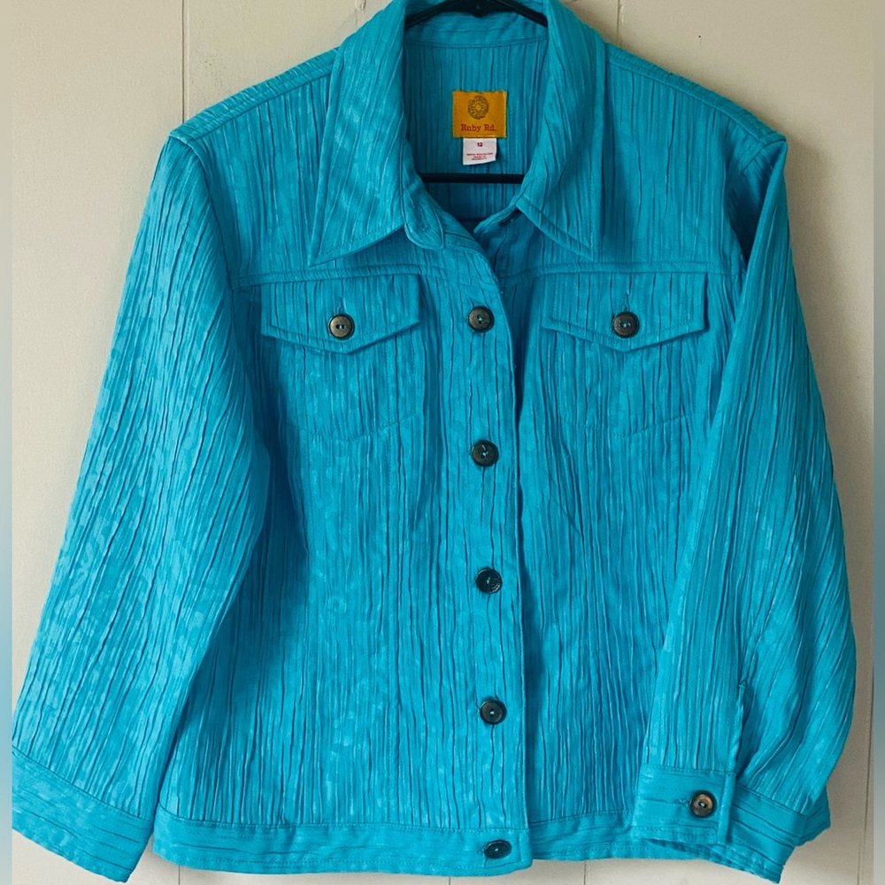 RUBY RED Crepe de Chine bright TURQUOISE lightweight jacket Sz. 12 🌴☀️3/25.00